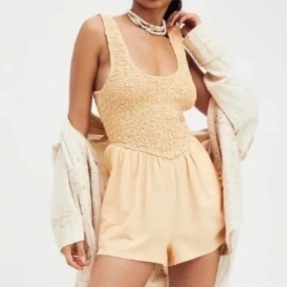 Free People Orange Boho Smocked Sleeveless Juliette Romper XS Summer Vacation
